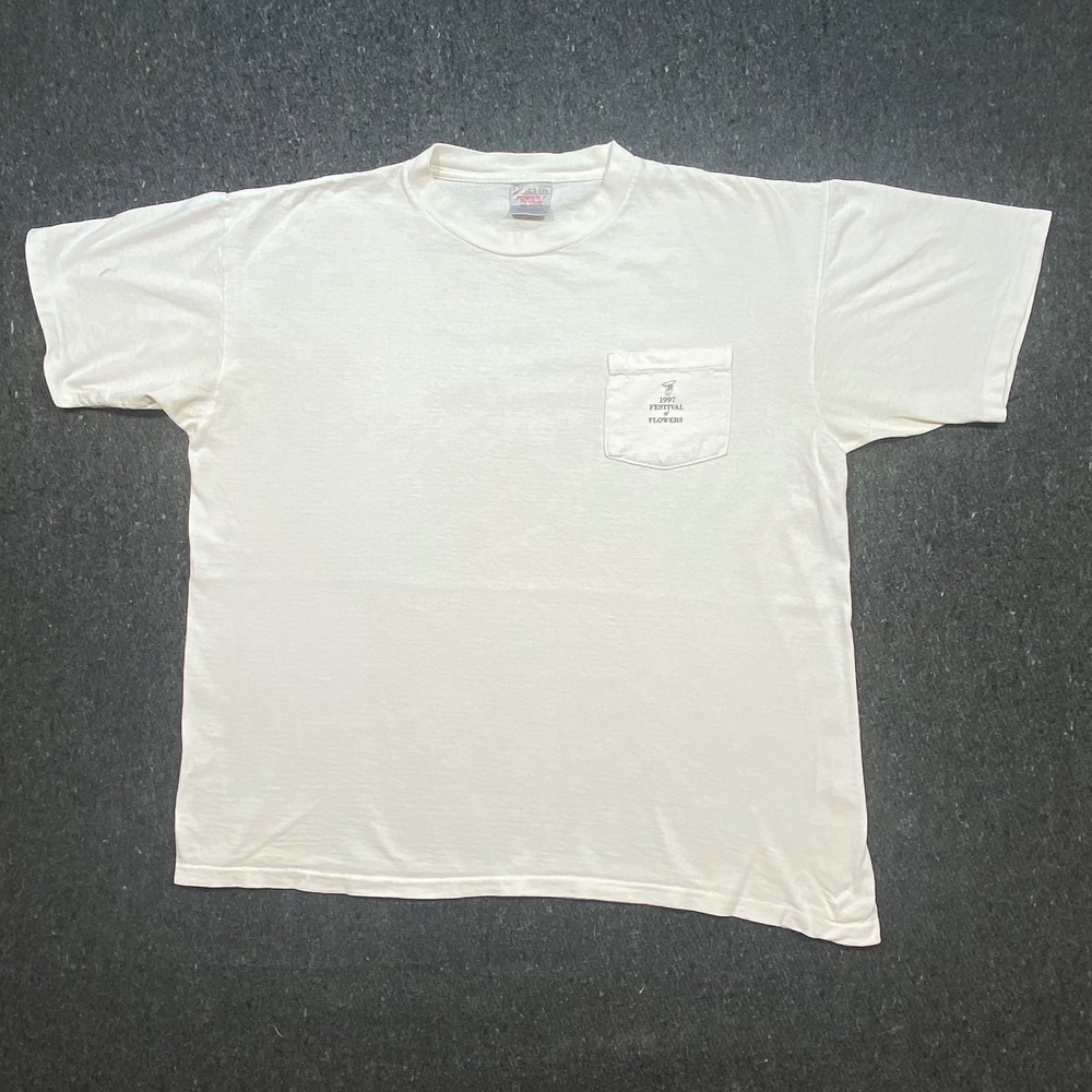 Oneita Vintage 90s Mens XL 1997 Festival of Flowers Pocket T-Shirt White Graphic